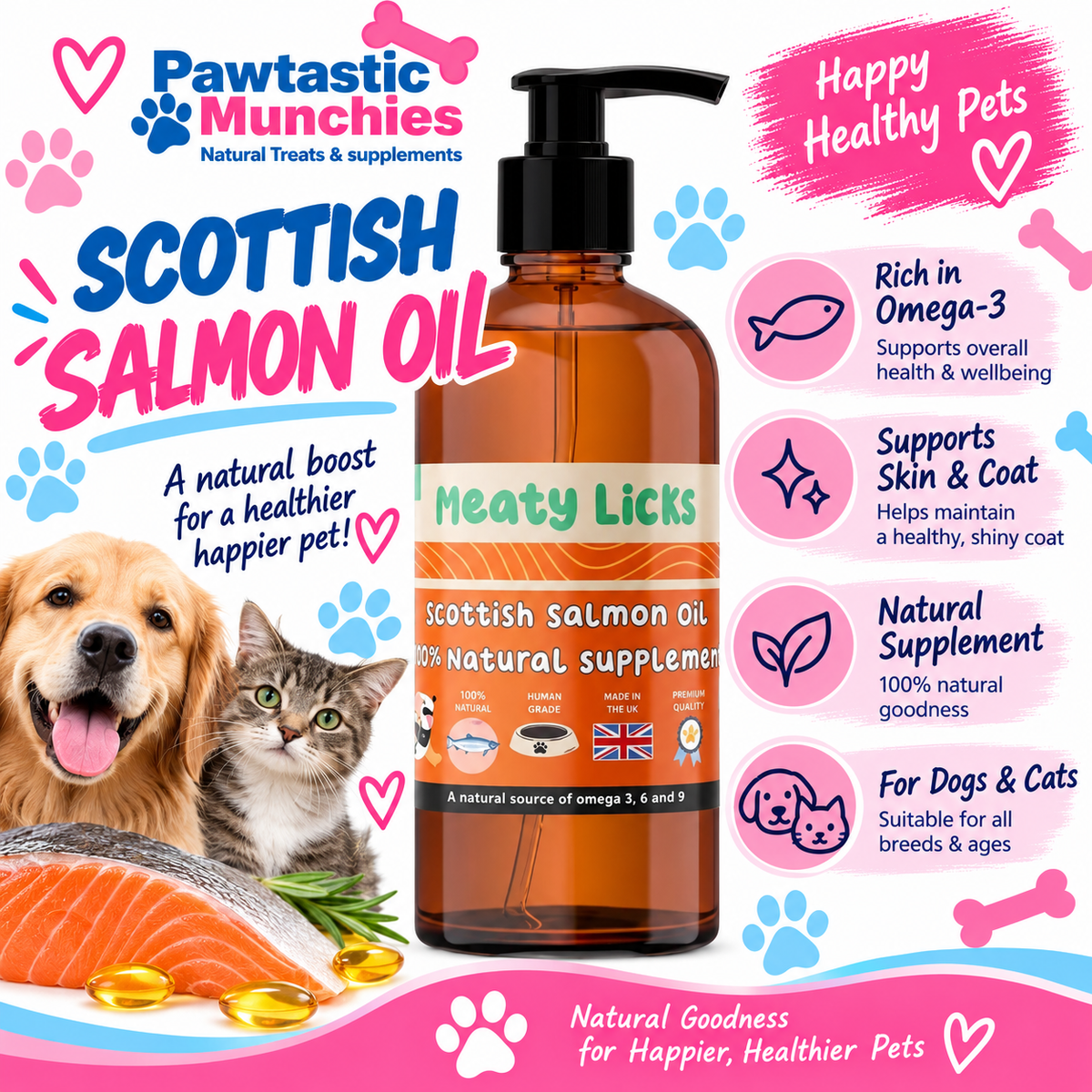 Scottish Salmon oil for cats & dogs 500ml Pawtastic Munchies