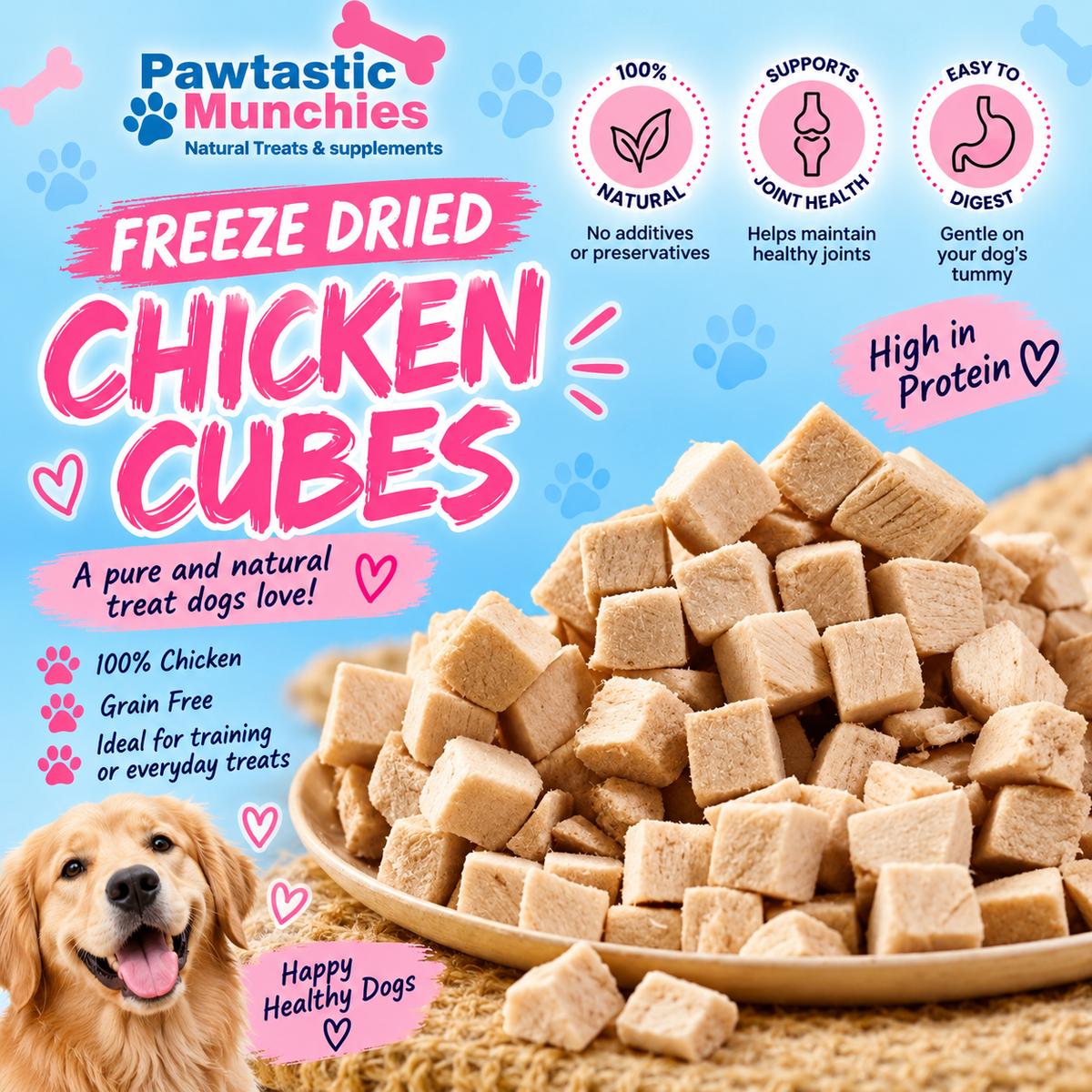Pawtastic Munchies Freeze Dried Chicken Cube 50g Natural Dog & Cat treats Pawtastic Munchies