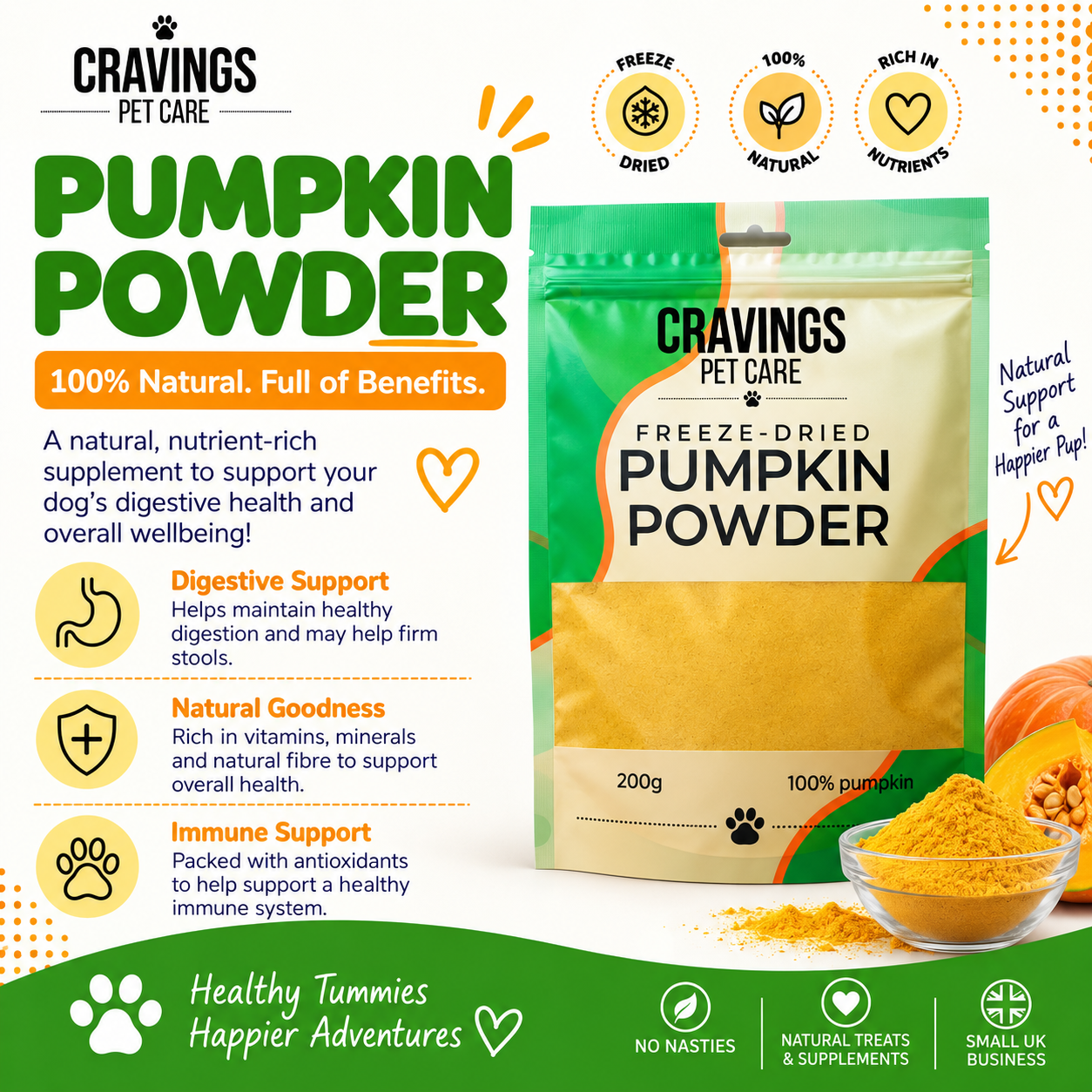Cravings Pet Care Pumpkin Powder | Freeze-Dried Food Topper Powder for Cats & Dogs | 100% Pumpkin | 200g Pawtastic Munchies