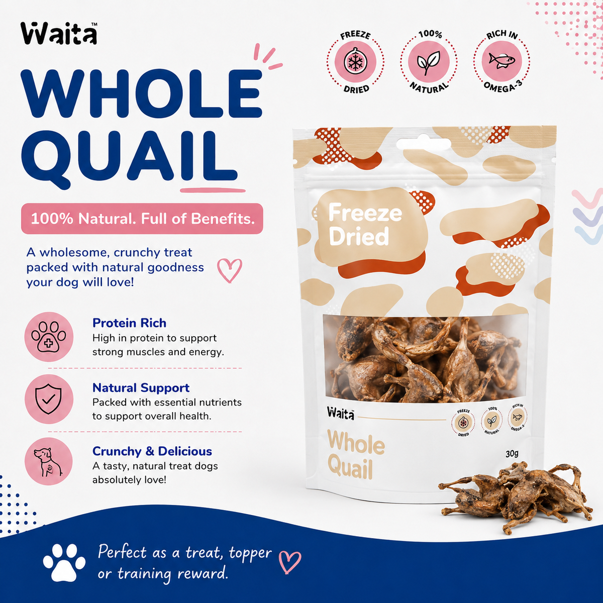 Waita Freeze Dried Quail 30g For Dogs and Cats Pawtastic Munchies
