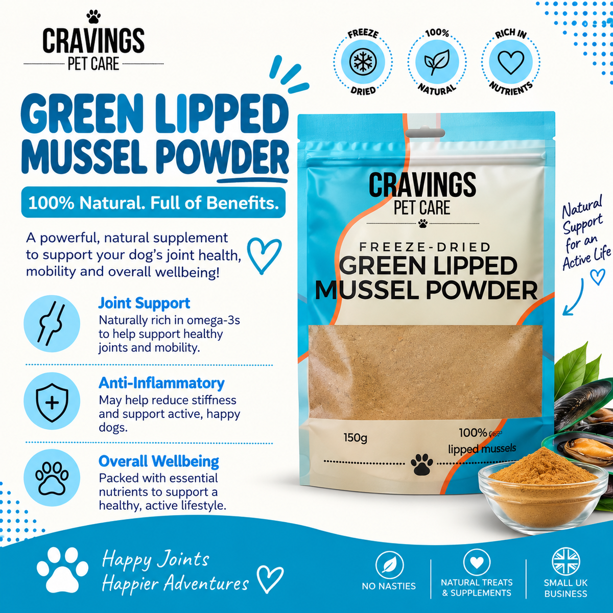Cravings Pet Care Green Lipped Mussel Powder | Freeze-Dried Food Topper Powder for Cats & Dogs | 100% Green Lipped Mussel | 150g Pawtastic Munchies