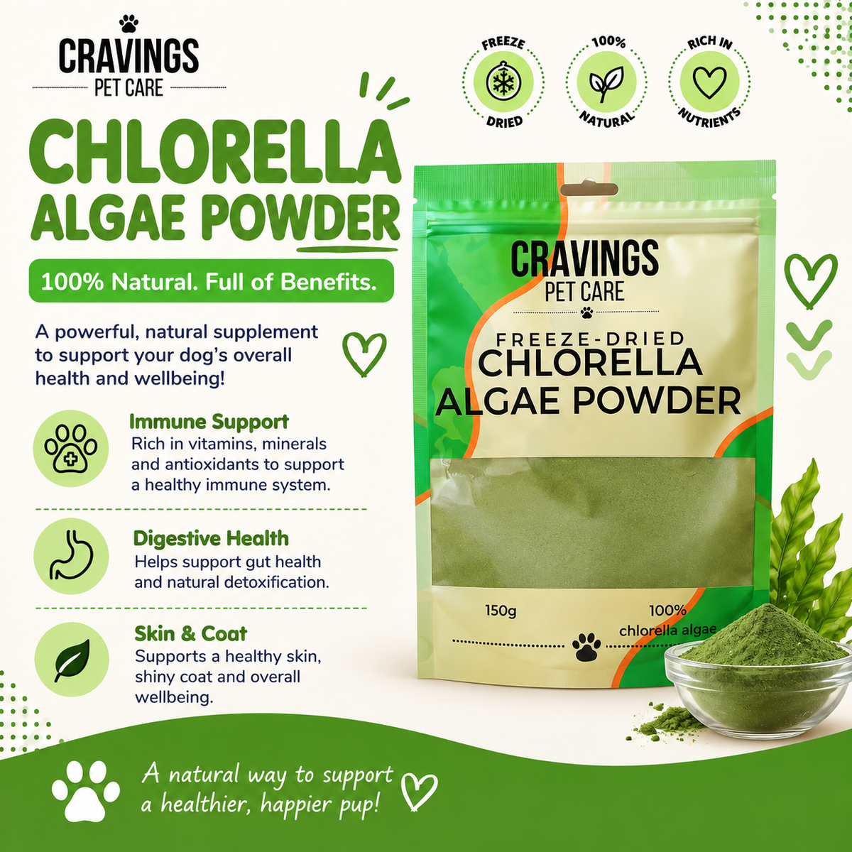 Cravings Pet Care Chlorella Algae Powder | Freeze-Dried Food Topper Powder for Cats & Dogs | 100% Chlorella Algae | 150g Pawtastic Munchies
