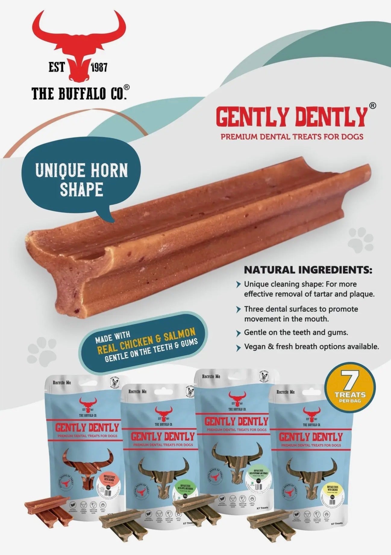Gently Dently - Various Flavours - 7 Dental Sticks per Bag Natural Dog Treats