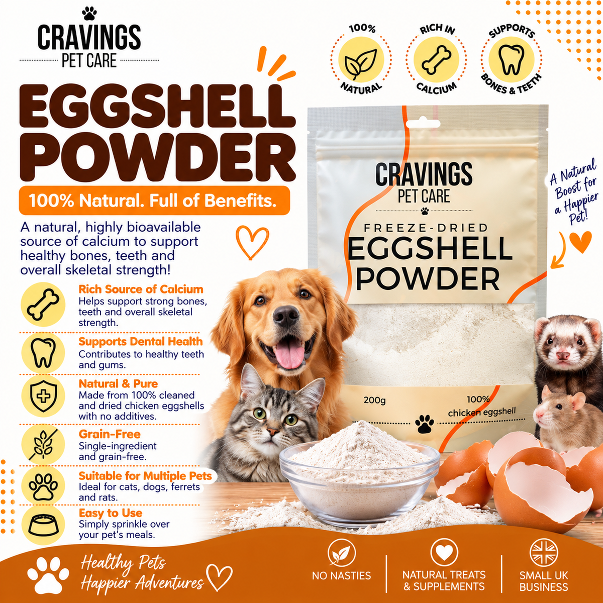 Cravings Pet Care Eggshell Powder | Freeze-Dried Food Topper Powder for Cats & Dogs | 100% Chicken Eggshell | 200g Pawtastic Munchies