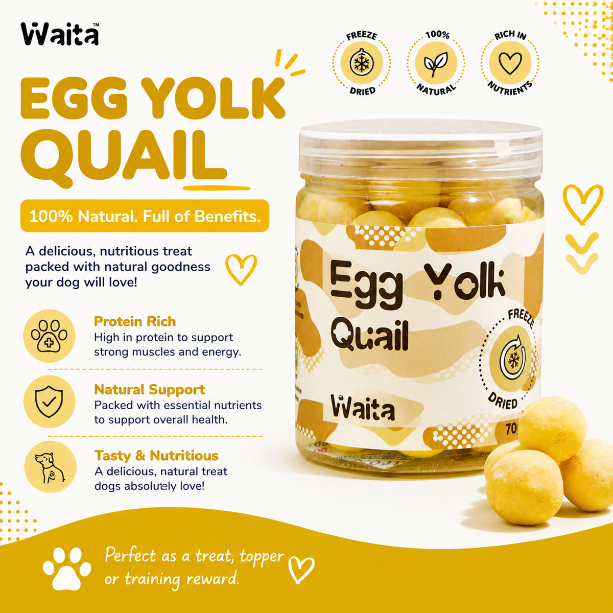 Waita Freeze Dried Quail Egg Yolk 70g suitable for dogs and cats Pawtastic Munchies