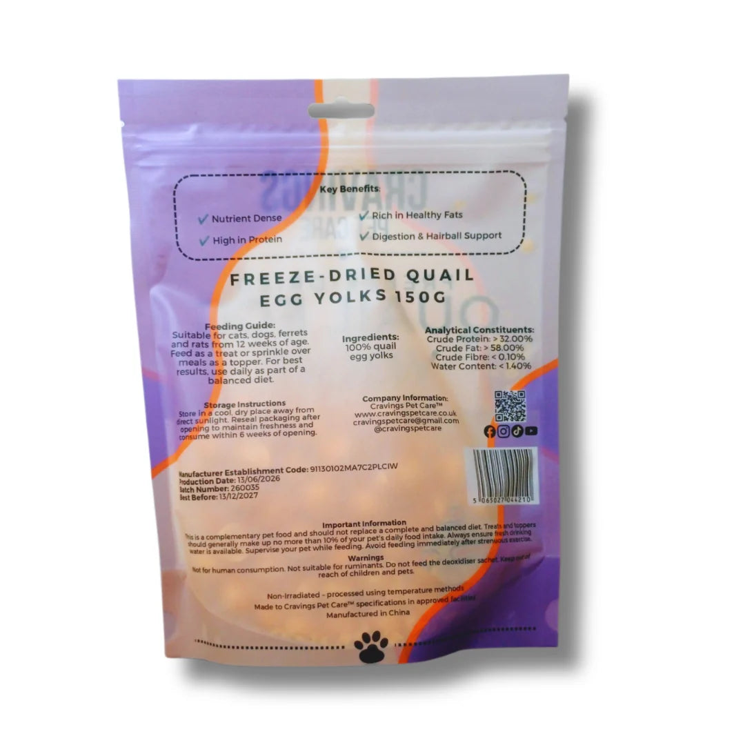 Cravings Pet Care Quail Egg Yolks Treat | Freeze-Dried Food Topper Treat for Cats & Dogs | 100% Quail Egg Yolks | 150g Pawtastic Munchies