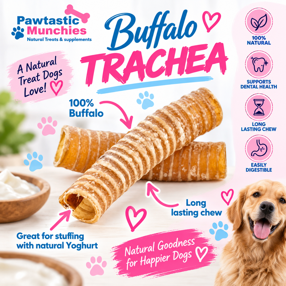 Buffalo Trachea  - Natural Dog Treat Pawtastic Munchies