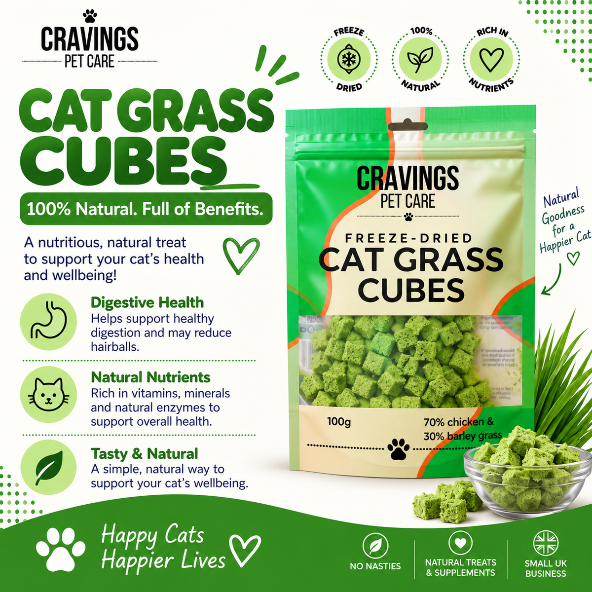 Freeze Dried Cat Grass Cubes 130g Pawtastic Munchies