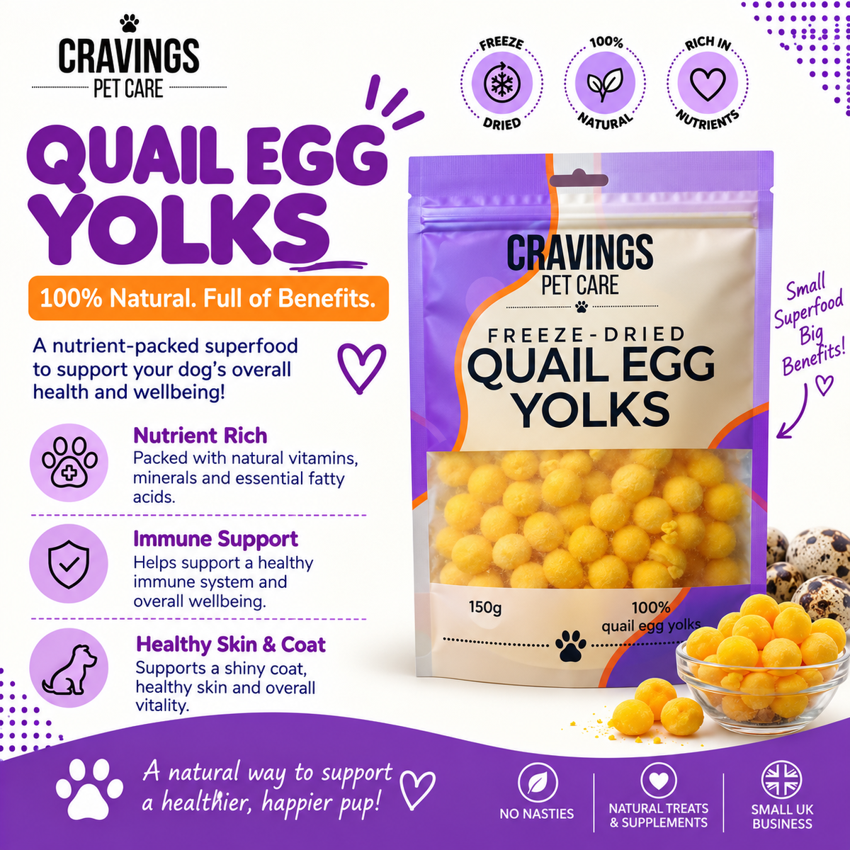 Cravings Pet Care Quail Egg Yolks Treat | Freeze-Dried Food Topper Treat for Cats & Dogs | 100% Quail Egg Yolks | 150g Pawtastic Munchies