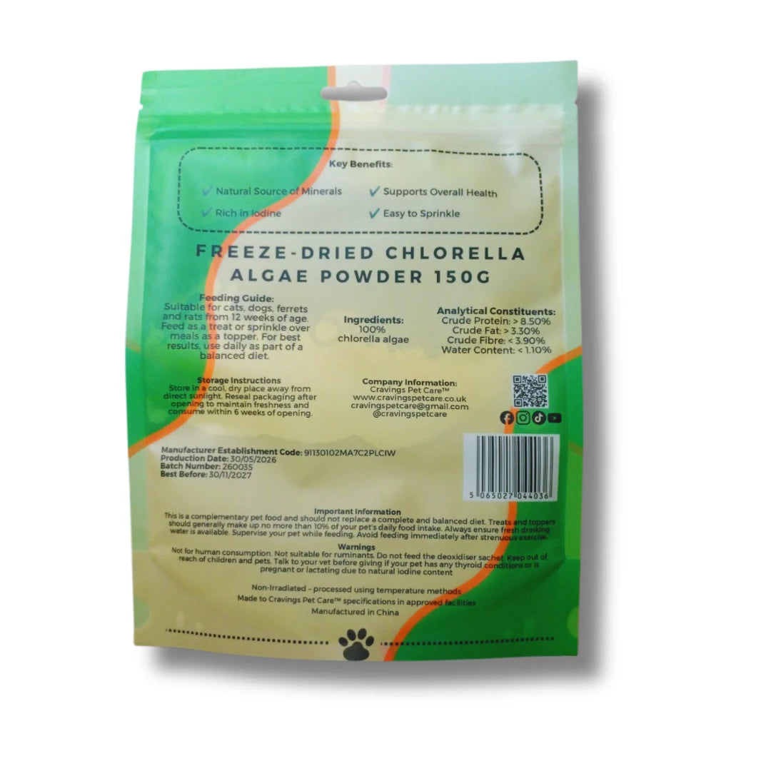 Cravings Pet Care Chlorella Algae Powder | Freeze-Dried Food Topper Powder for Cats & Dogs | 100% Chlorella Algae | 150g Pawtastic Munchies