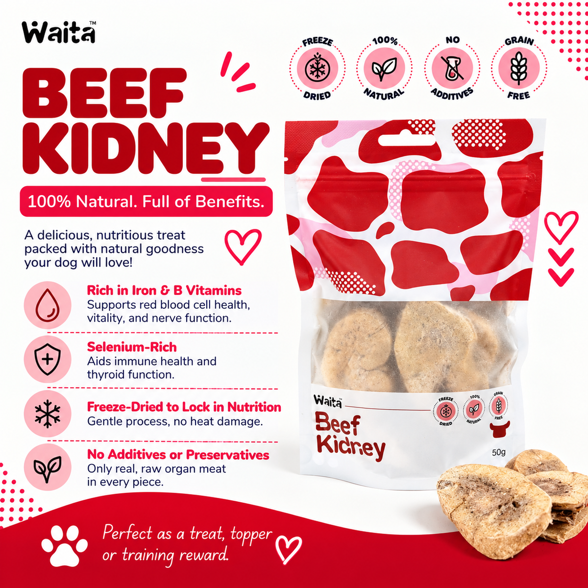 Waita Freeze Dried Beef Kidney 50g | Freeze Dried Natural Treats For Dogs and Cats Pawtastic Munchies