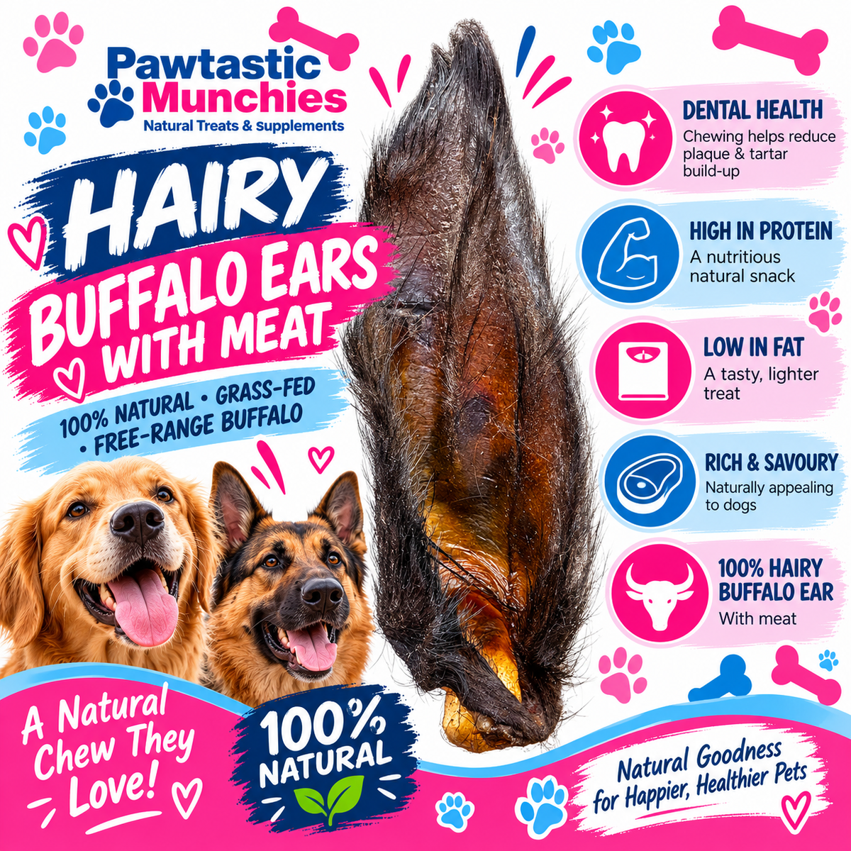 Hairy Buffalo Ears with Meat - Natural Dog Treat Pawtastic Munchies