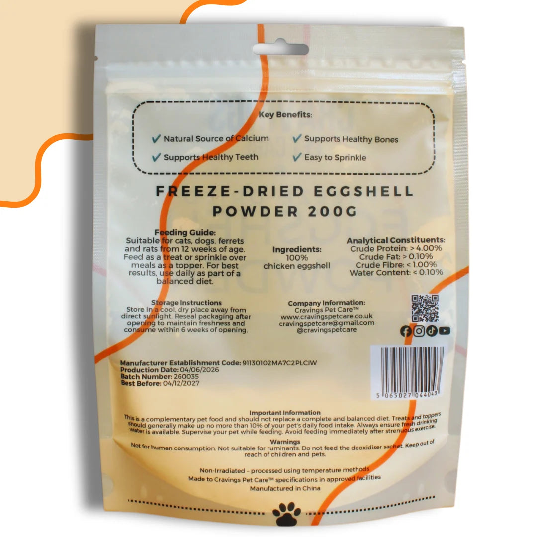 Cravings Pet Care Eggshell Powder | Freeze-Dried Food Topper Powder for Cats & Dogs | 100% Chicken Eggshell | 200g Pawtastic Munchies
