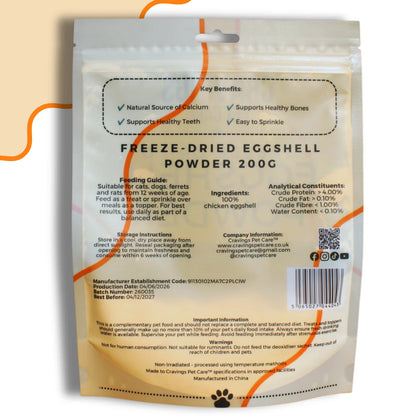 Cravings Pet Care Eggshell Powder | Freeze-Dried Food Topper Powder for Cats & Dogs | 100% Chicken Eggshell | 200g Pawtastic Munchies